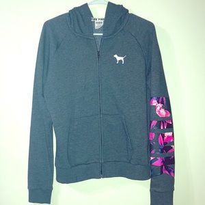 PINK Grey Floral Print Logo Zipup Jacket - Large